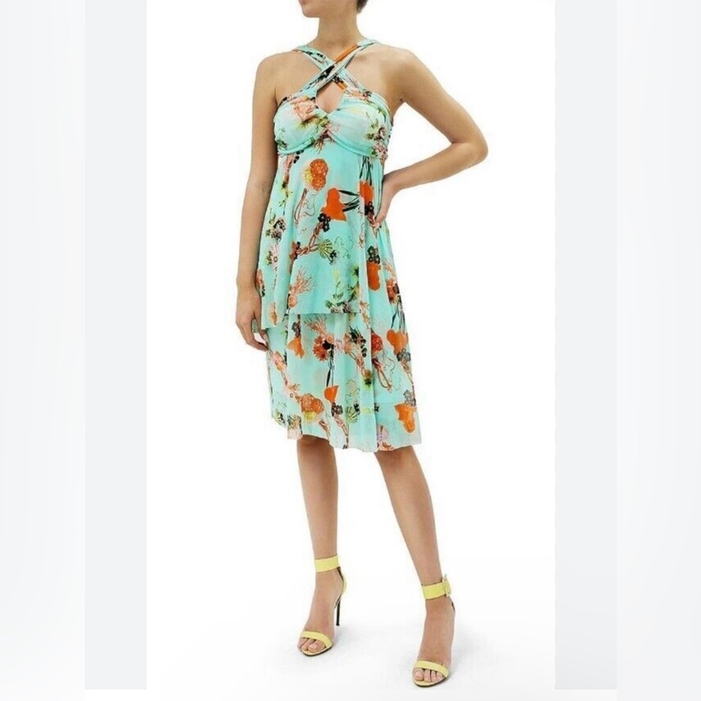 FUZZI Tulle Mesh Floral Print Crossover Halter Dress Green Size Small